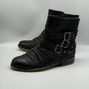 Sugar Womens SIZE 10 Black Moto Ankle Boots Buckles IMPRESS Side Zip Low Heel